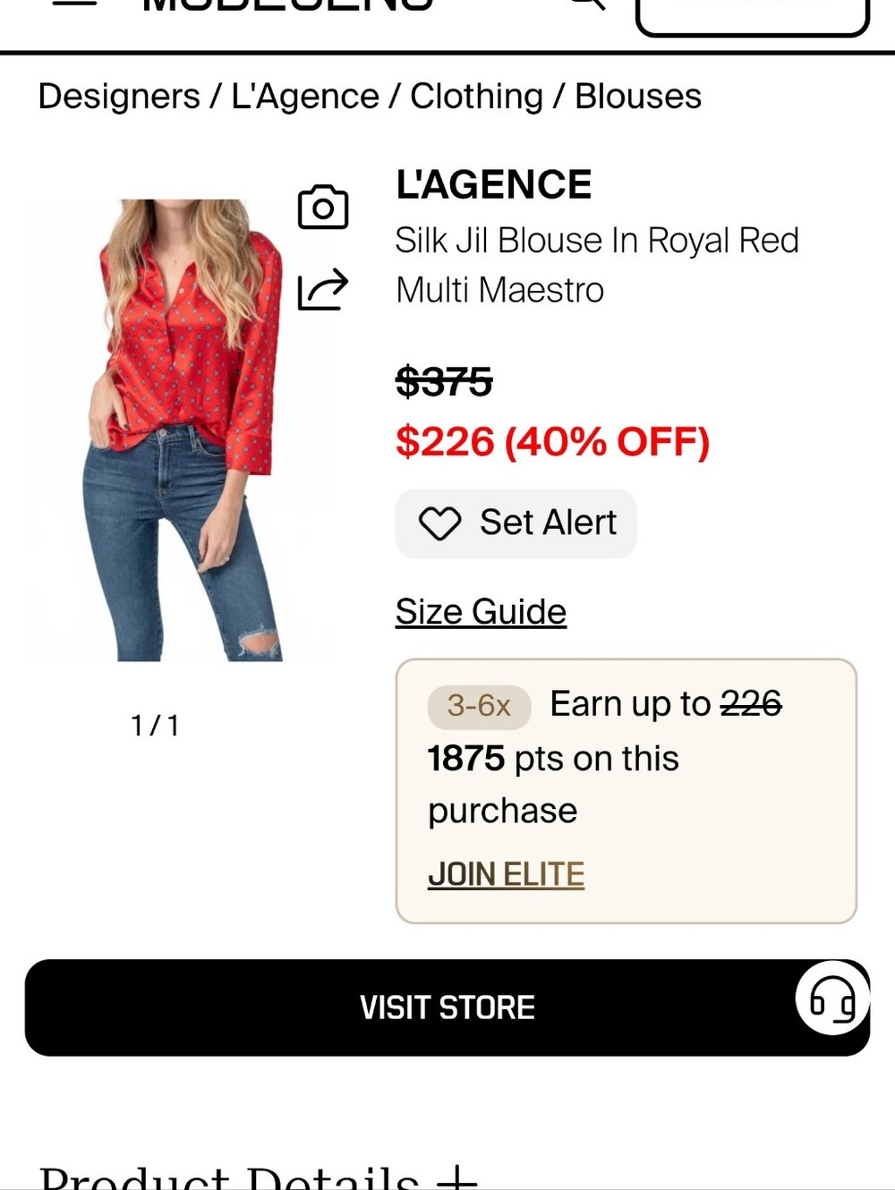 L'AGENCE Jil Women's 100% Silk Charmeuse Blouse Royal Red Print 3/4 Sleeve S - Picture 9 of 9